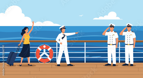People on a cruise ship deck featuring a tourist with luggage, a pointing sailor, and two naval officers saluting at sea.