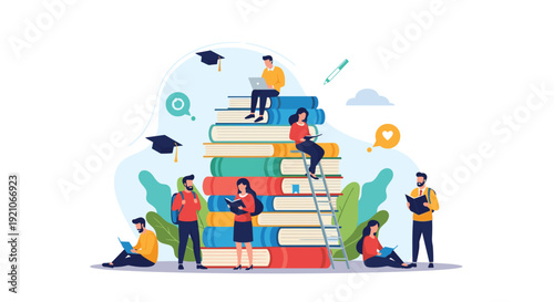 Group of students reading and studying together around a massive stack of giant colorful books for education and learning.