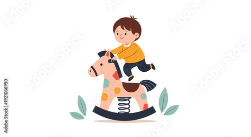 Happy young boy enjoying himself while riding on a colorful spring-mounted rocking horse toy outdoors in a park.