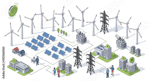 Large scale renewable energy power plant with wind turbines and solar panels providing clean electricity to a sustainable city.