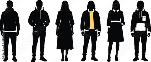 Full body vector silhouettes of diverse young men and women wearing casual street wear hoodies jackets and dresses standing in a row together