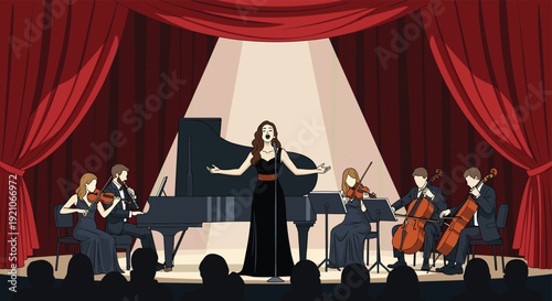 Opera singer performing an aria on stage accompanied by a grand piano and a chamber orchestra in a grand theater.