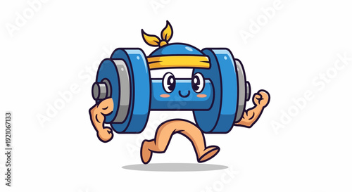 Cartoon Dumbbell Character Running with Sweatband.