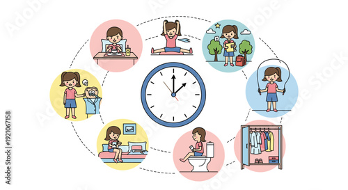 Comprehensive daily routine infographic for a child showing various activities around a clock from waking up to going to bed.