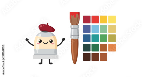 Cartoon Egg Character with Paintbrush and Colors.