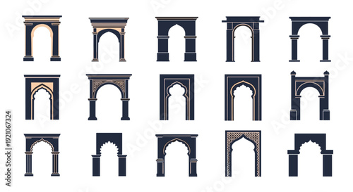 Various architectural designs of elegant arches featuring intricate patterns and styles from Islamic and Moorish traditions.