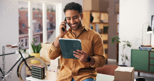 Konstfotografi Happy, phone call and man with tablet, logistics and discussion with contact for stock distribution