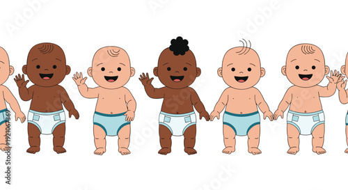 Adorable row of diverse babies with different skin tones wearing diapers and happily waving for childhood theme.