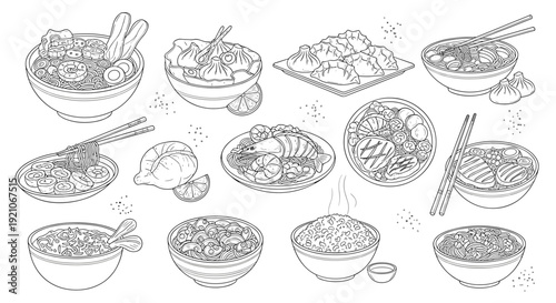Hand-drawn line art of various asian noodle and dumpling dishes including ramen, pho, and dim sum for a menu design.