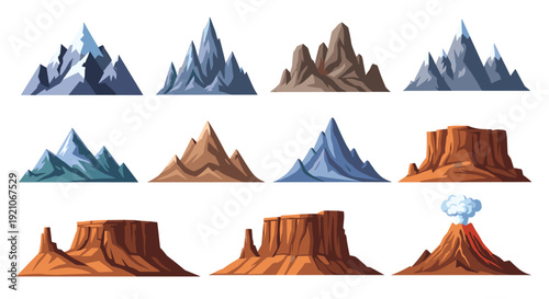 Set of diverse mountain landscapes featuring snowy peaks, rocky hills, desert mesas, and a smoking volcano depicted in a colorful pixel art style.