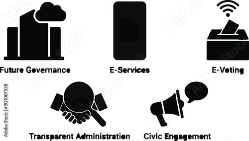Iconography depicts concepts of future governance, e services, e voting transparent administration and civic engagement.