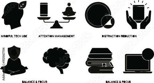 Several black silhouette icons represent concepts of mindful tech use attention management distraction reduction balance and focus and brain and books.