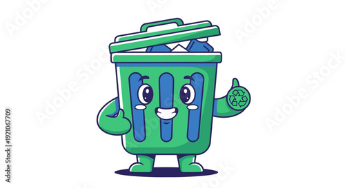 Cartoon Green Trash Can Character Smiling.