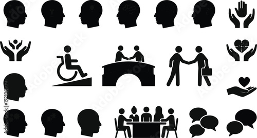 Numerous black silhouette icons depict concepts of human interaction, ideas, and support systems.
