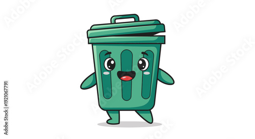 Cartoon Green Trash Can Character Smiling.