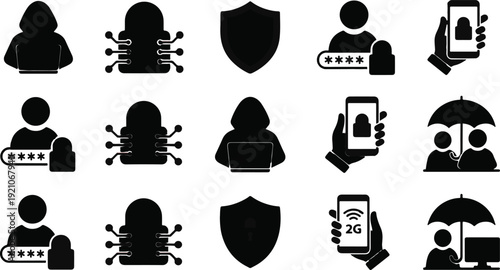 Collection of digital security icons displays representations of user accounts, cyber threats, and protective measures.