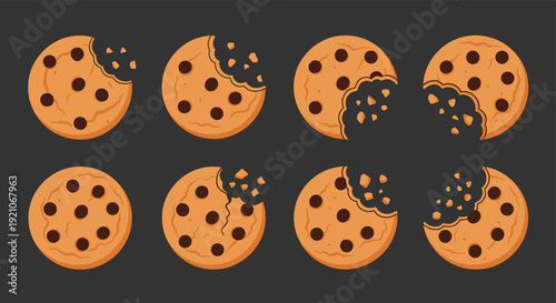 Set of delicious pixel art chocolate chip cookies shown with various bites taken out, arranged neatly on a dark gray background.