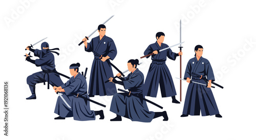 Powerful group of samurai and ninja warriors depicted in various dynamic combat poses with katanas and traditional weapons on a white background.