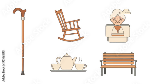 senior lifestyle comfort and aging icons walking cane rocking chair elderly woman hot tea set and park bench.