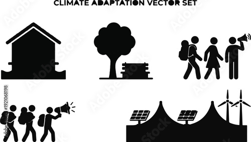 Simple black silhouette depicts a dwelling, a tree with a bench, people walking, and renewable energy sources.