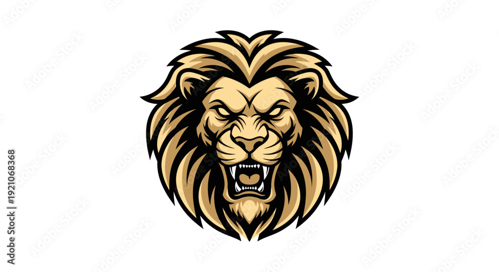 Obraz premium Powerful and majestic golden lion head roaring with an aggressive expression, detailed vector illustration.
