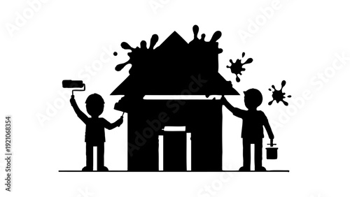two people painting a house in silhouette dynamic paint splatters representing diy home improvement renovation and teamwork.