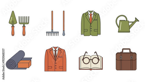 vector icons for work study and hobbies business suits books glasses and gardening tools ideal for infographic designs.