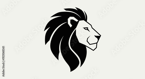 A stylized black and white illustration of a lion's head in profile.