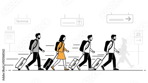 travelers walking with luggage through an airport terminal depicting busy travel journey and vacation for transportation logistics.