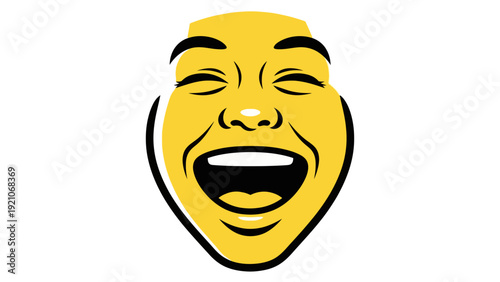 vibrant yellow cartoon face illustration joyfully laughing with closed eyes and wide mouth expressing happiness humor and amusement.