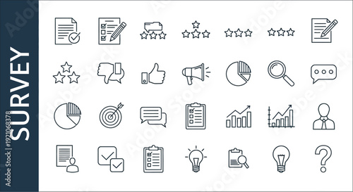 A collection of line icons representing surveys feedback and data analysis