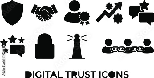 Set of digital trust icons including a shield handshake user with badge graph chat lock lighthouse and connected people.