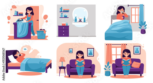 Engaging illustrations of a woman's diverse daily routines featuring activities like ironing, personal hygiene, sleeping, and relaxing at home.