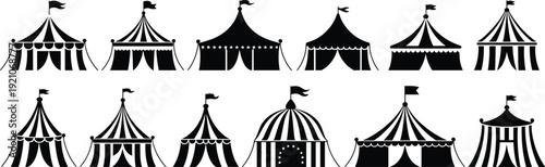 Vintage Circus Tent Silhouette Collection: Festive Big Top Variety, Carnival Fairground Structures, Entertainment Venue Icons, Retro Amusement, Event Design Elements, Striped Canopies, 