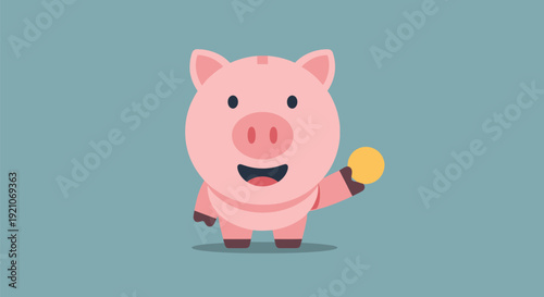 Cartoon Pig Holding Coin in Hand.