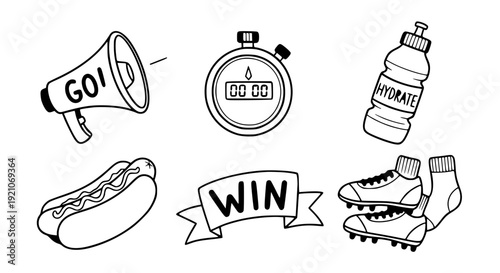 Sports Fan Gear and Game Day Essentials Icon Set - Megaphone, Stopwatch, and Snacks Vector