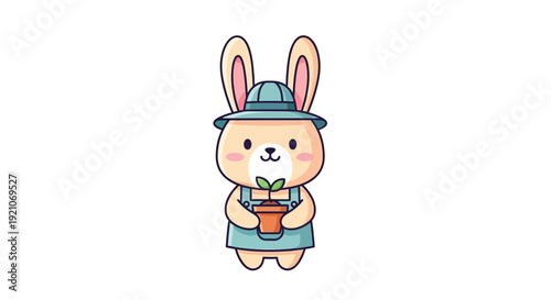 Cartoon Rabbit Character Holding Gardening Tools.