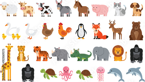 Extensive set of flat vector animal characters including farm animals, forest wildlife, zoo animals, and marine creatures in a clean, colorful style for children's projects.