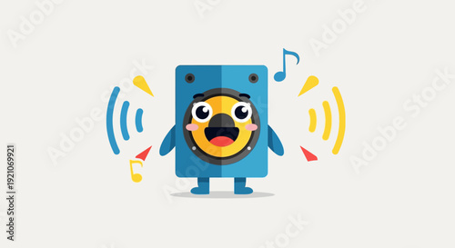 Cartoon Robot Character Singing with Music Notes.