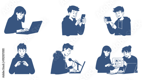 young men and women using laptops smartphones and tablets for online work learning and communication illustrating modern digital lifestyles.