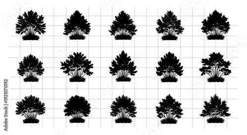 Collection of various tree silhouettes on a grid background for design and landscaping projects