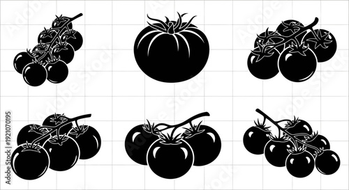 Black silhouette illustrations of tomatoes on vine fresh produce healthy food vegetarian vegan kitchen ingredients culinary graphic design elements
