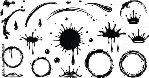 Black ink splash vector set, liquid paint drips, water drop silhouettes, crown splatter icons, coffee stain rings, artistic blot elements, blobs.