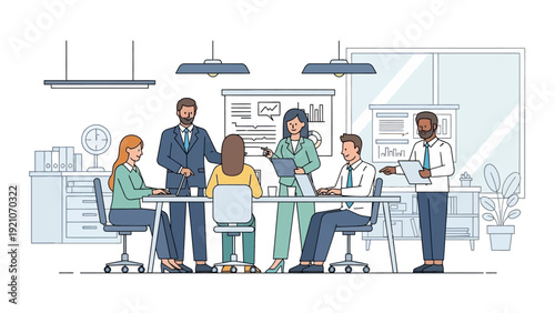 a diverse business team actively collaborating in a modern office meeting discussing strategy and presenting ideas illustrating corporate teamwork and effective project management.