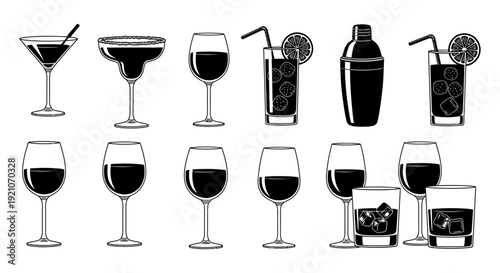 a diverse collection of bar and beverage glassware icons featuring cocktail wine whiskey glasses and a shaker for drink menus.