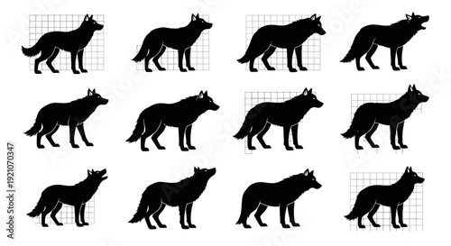 Collection of wolf silhouettes in various poses on grid backgrounds for design and artistic use