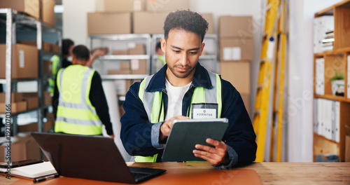 Canvastavla Logistics, laptop or man in warehouse with tablet, order track or inventory management for shipping
