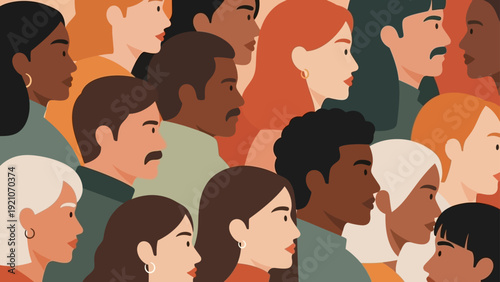 a diverse group of multi-ethnic people in profile view symbolizing social inclusion unity and global community illustration.