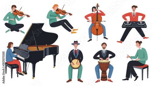 a diverse group of musicians playing string keyboard percussion and electronic instruments illustrating the variety of musical performance.