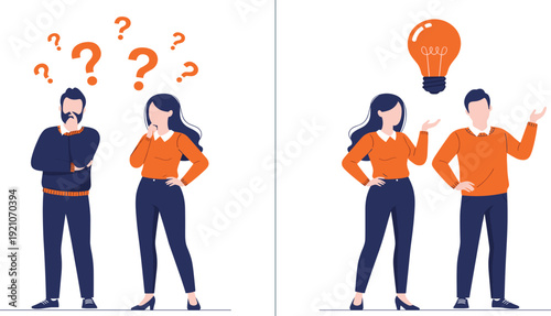 Flat vector illustration of a man and woman thinking with question marks and gaining an idea with a light bulb for business concept designs.